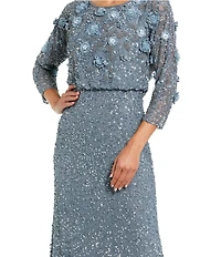Mac Duggal 3/4 Sleeve Beaded Blouson Midi Dress