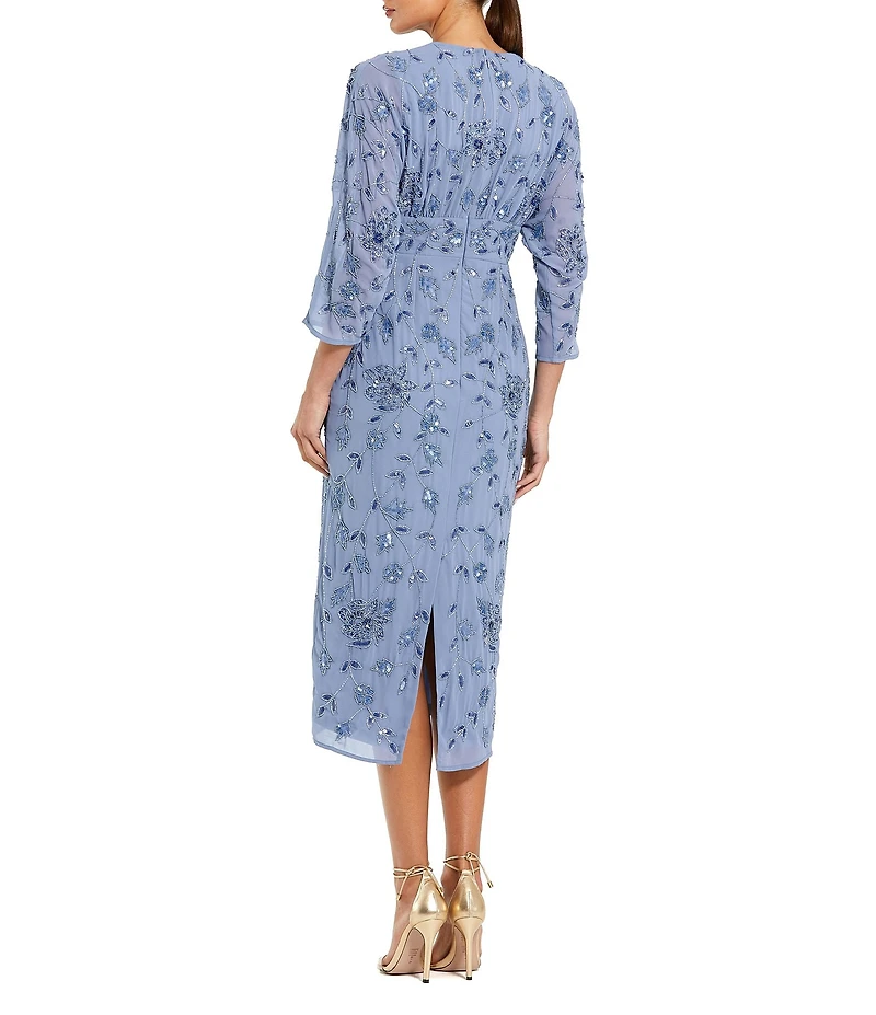 Mac Duggal 3/4 Sleeve Beaded Blouson Midi Dress