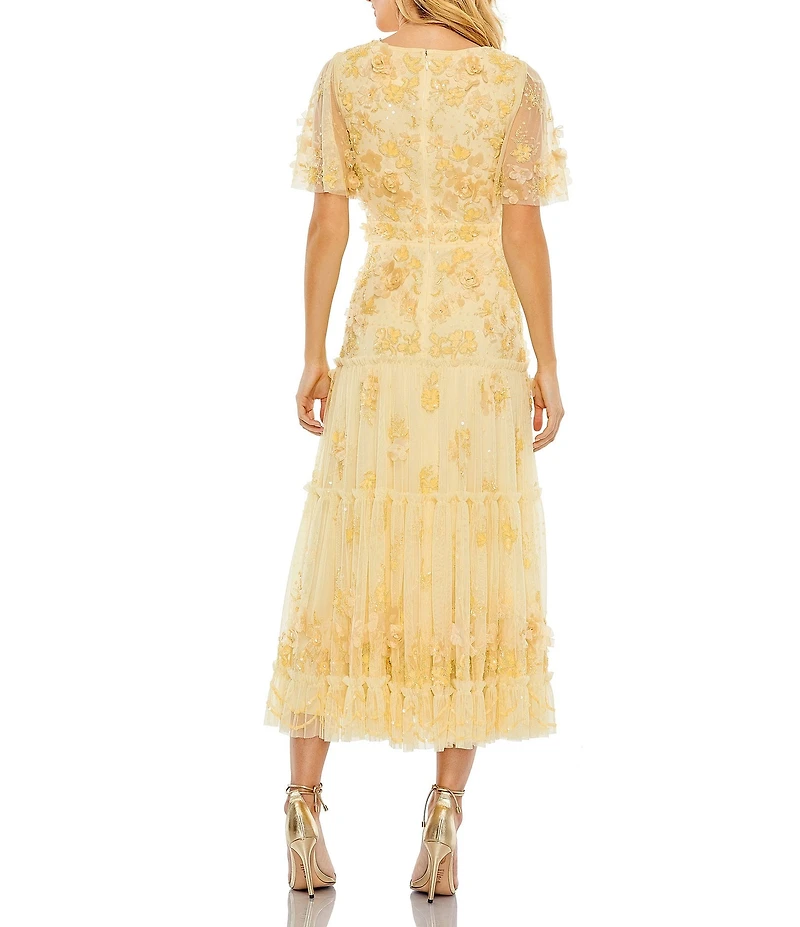 Mac Duggal 3D Floral Embellished Beaded Mesh V-Neck Flutter Sleeve A-Line Dress