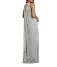 Mac Duggal 3D Floral Embellished Mesh High Neck Sleeveless Beaded Waist Trapeze Gown