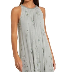 Mac Duggal 3D Floral Embellished Mesh High Neck Sleeveless Beaded Waist Trapeze Gown