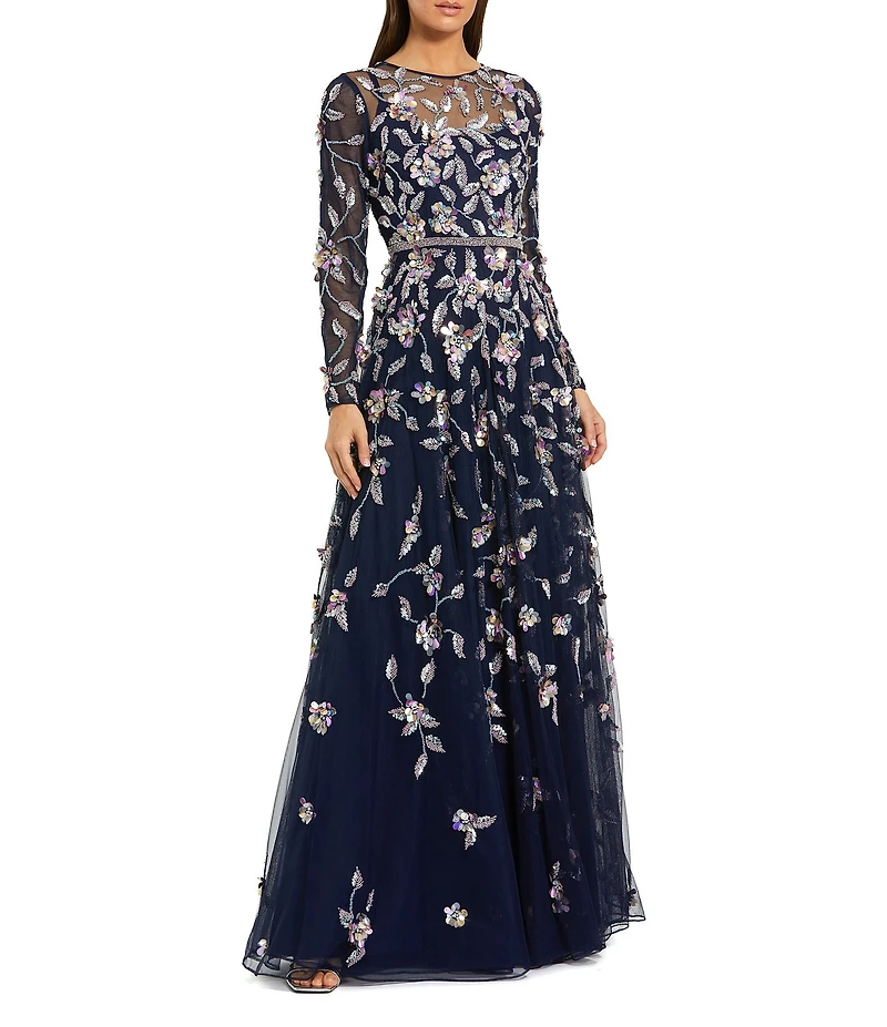 Mac Duggal 3D Floral Tulle Mesh Crew Neck Long Sleeve A-Line Gown