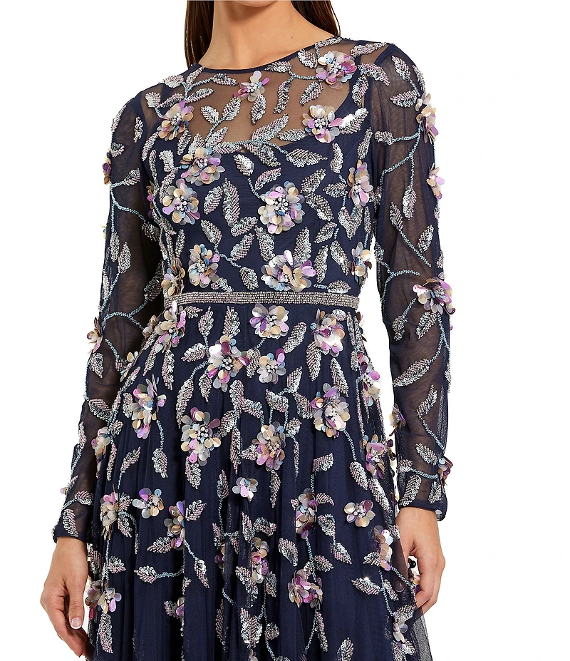Mac Duggal 3D Floral Tulle Mesh Crew Neck Long Sleeve A-Line Gown