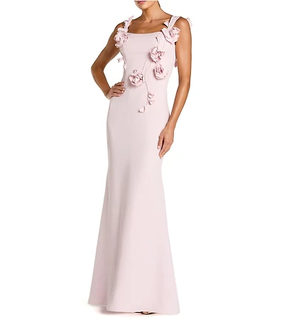 Mac Duggal 3D Flower Applique Crepe Square Neck Sleeveless Sheath Gown