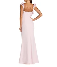 Mac Duggal 3D Flower Applique Crepe Square Neck Sleeveless Sheath Gown