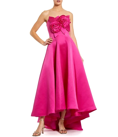 Mac Duggal 3D Flower Applique Strapless Satin High Low Dress