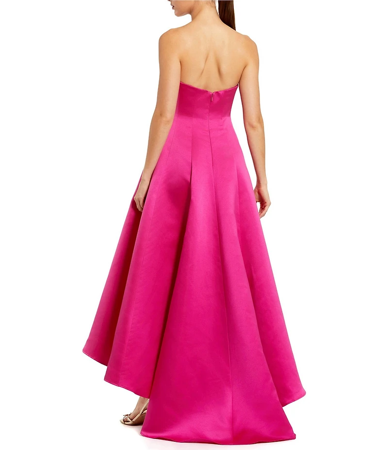 Mac Duggal 3D Flower Applique Strapless Satin High Low Dress