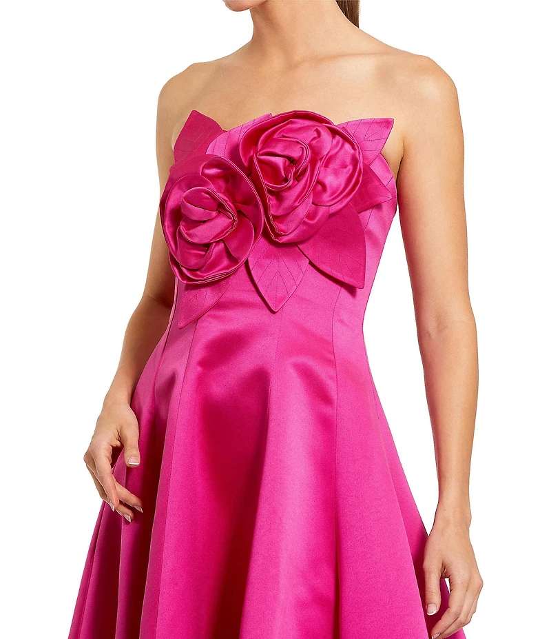Mac Duggal 3D Flower Applique Strapless Satin High Low Dress
