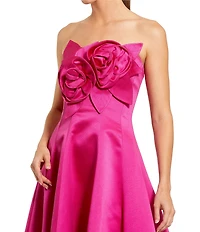Mac Duggal 3D Flower Applique Strapless Satin High Low Dress