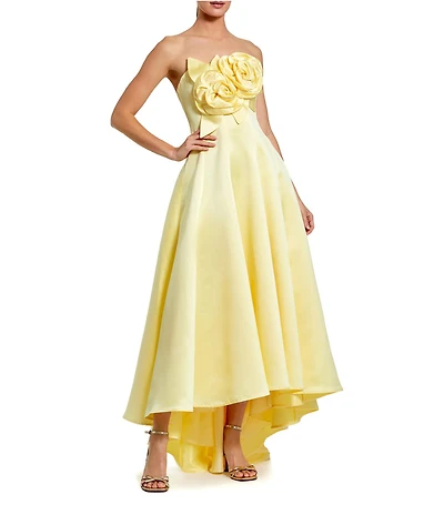 Mac Duggal 3D Flower Applique Strapless Satin High Low Dress