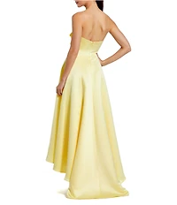 Mac Duggal 3D Flower Applique Strapless Satin High Low Dress