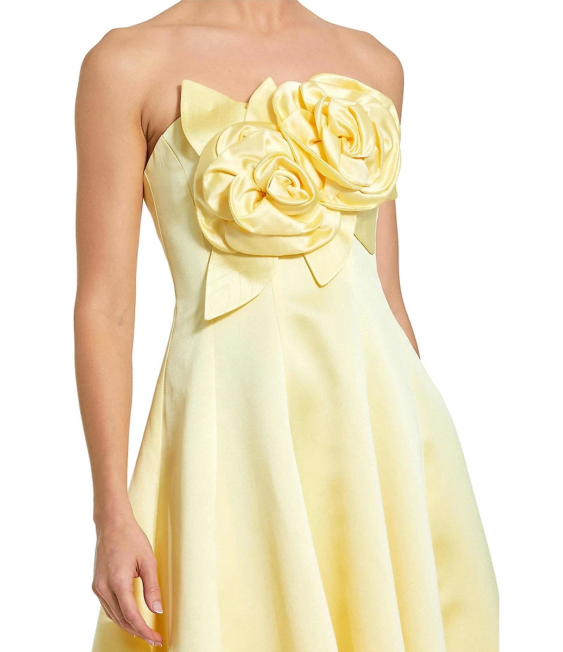 Mac Duggal 3D Flower Applique Strapless Satin High Low Dress