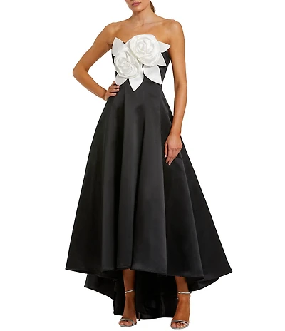 Mac Duggal 3D Flower Applique Strapless Satin High Low Dress