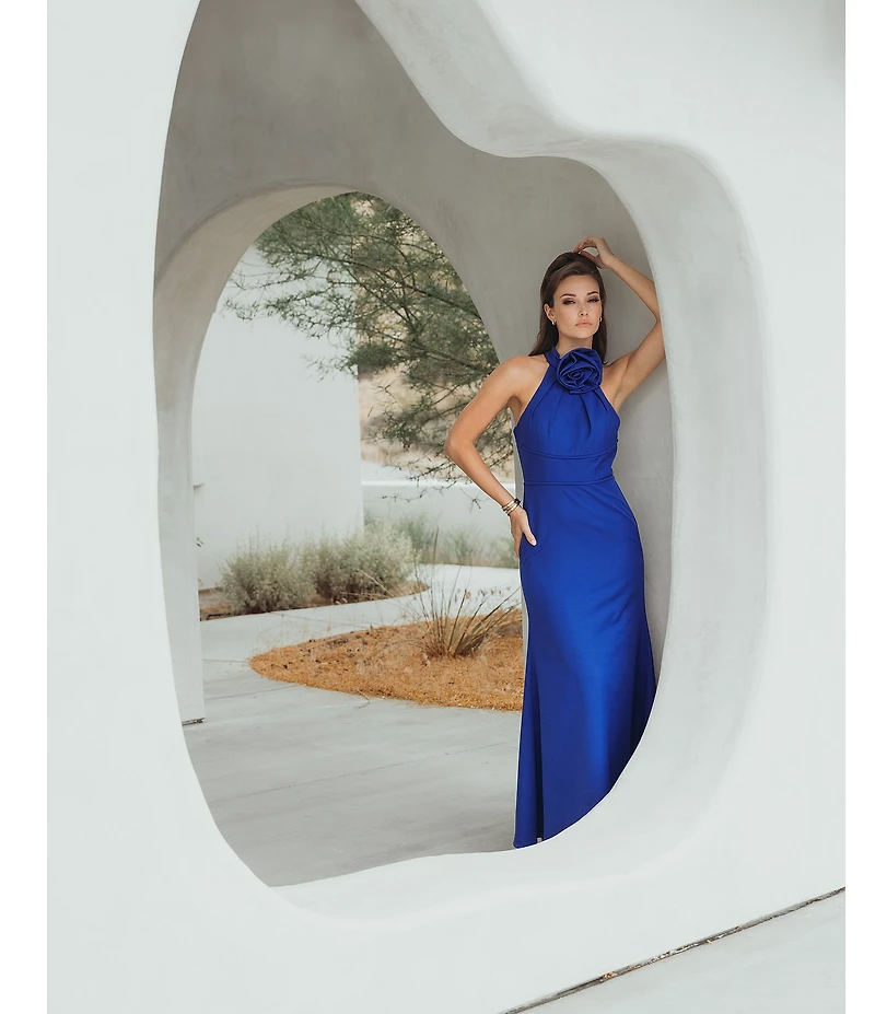 Mac Duggal 3D Flower Halter Neck Sleeveless Column Gown