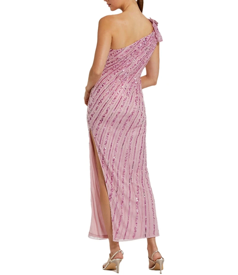 Mac Duggal 3D Flower One Shoulder Beaded Mesh Column Midi Dress