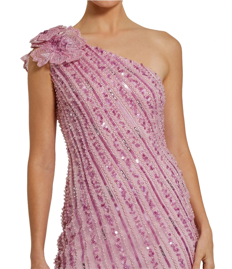 Mac Duggal 3D Flower One Shoulder Beaded Mesh Column Midi Dress