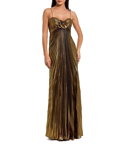 Mac Duggal 3D Flower Pleated Metallic Sweetheart Neckline Sheath Gown