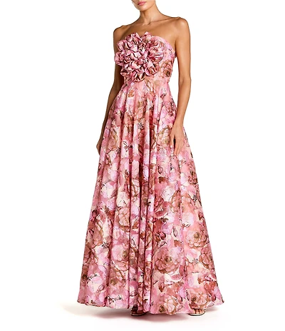 Mac Duggal 3D Flower Strapless Printed Organza Gown