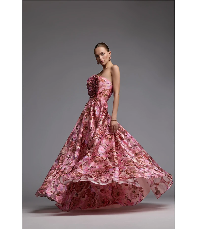 Mac Duggal 3D Flower Strapless Printed Organza Gown