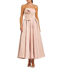 Mac Duggal 3D Flower Strapless Satin A-Line Midi Dress
