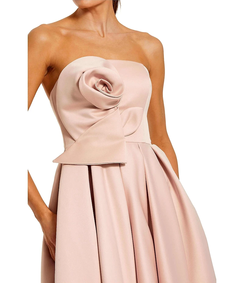 Mac Duggal 3D Flower Strapless Satin A-Line Midi Dress