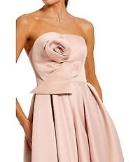 Mac Duggal 3D Flower Strapless Satin A-Line Midi Dress