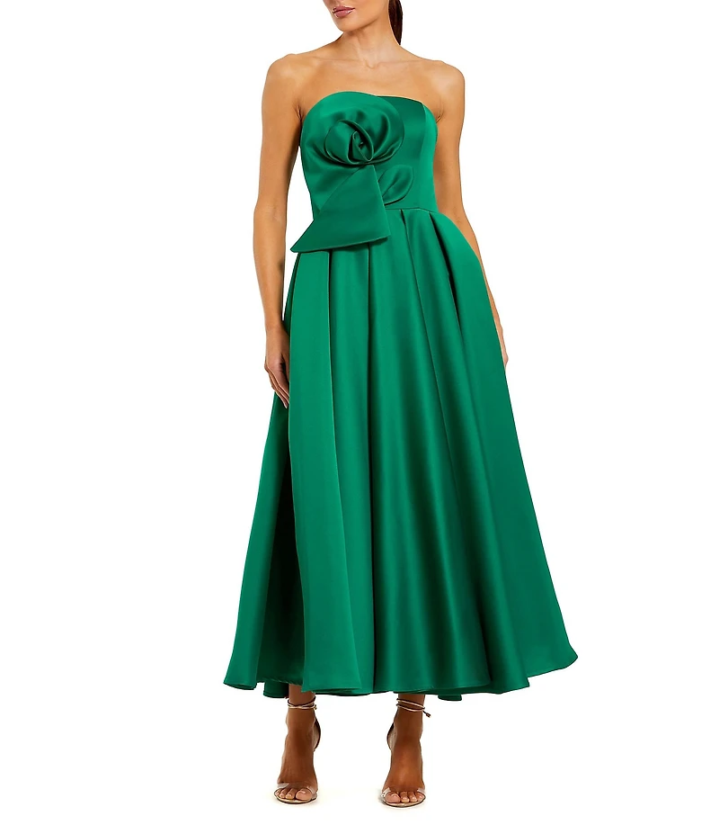 Mac Duggal 3D Flower Strapless Satin A-Line Midi Dress