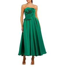 Mac Duggal 3D Flower Strapless Satin A-Line Midi Dress