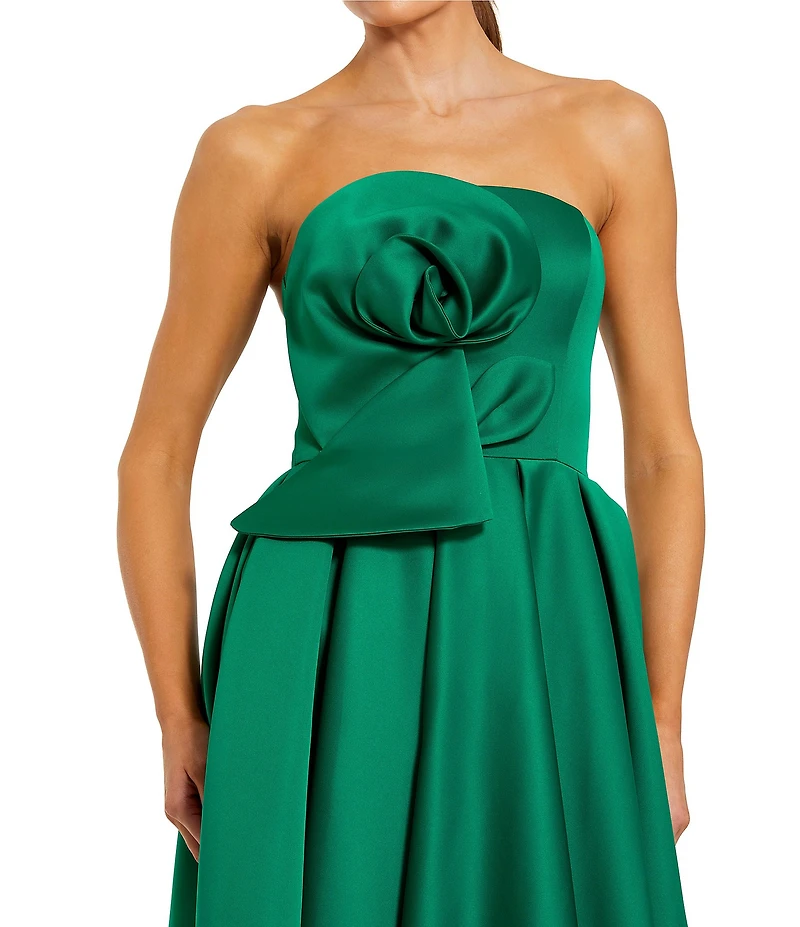 Mac Duggal 3D Flower Strapless Satin A-Line Midi Dress