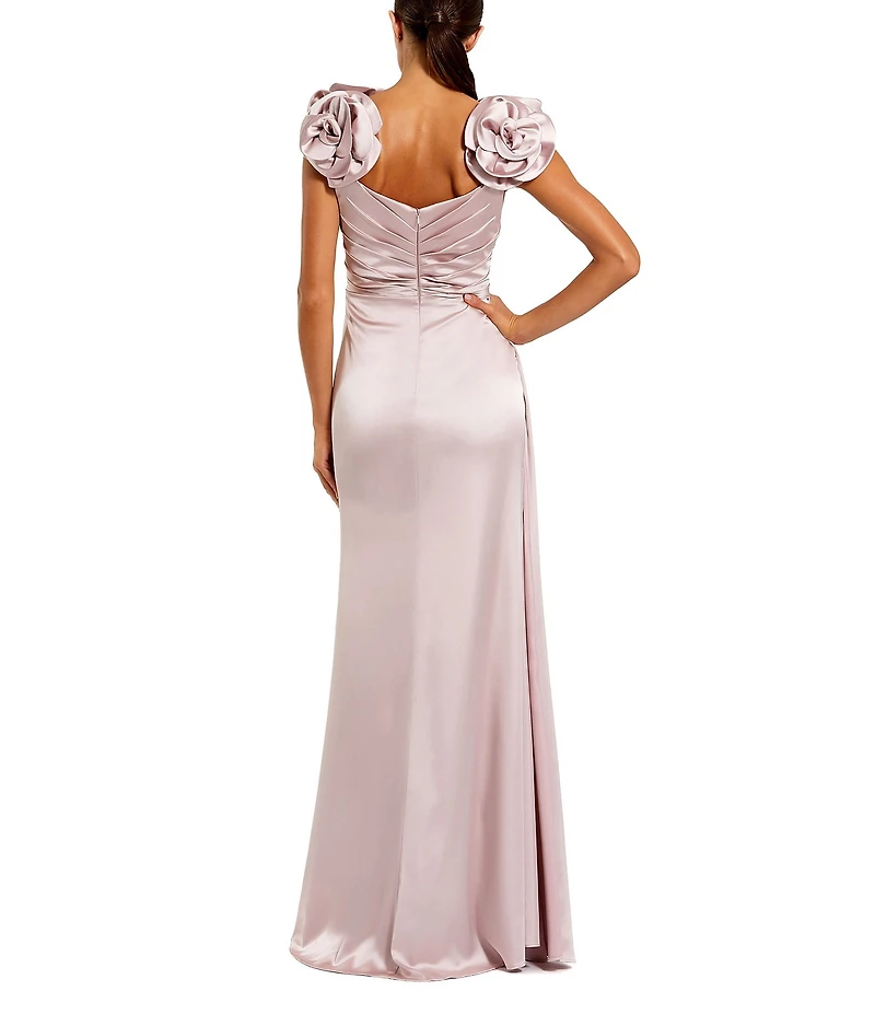 Mac Duggal 3D Flower Straps Satin Faux Wrap Gown