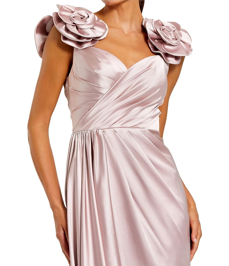 Mac Duggal 3D Flower Straps Satin Faux Wrap Gown