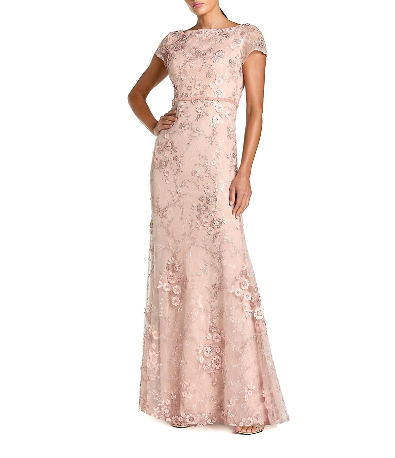 Mac Duggal Floral Mesh Appliqued Cap Sleeve Trumpet Long Gown