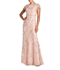 Mac Duggal Floral Mesh Appliqued Cap Sleeve Trumpet Long Gown