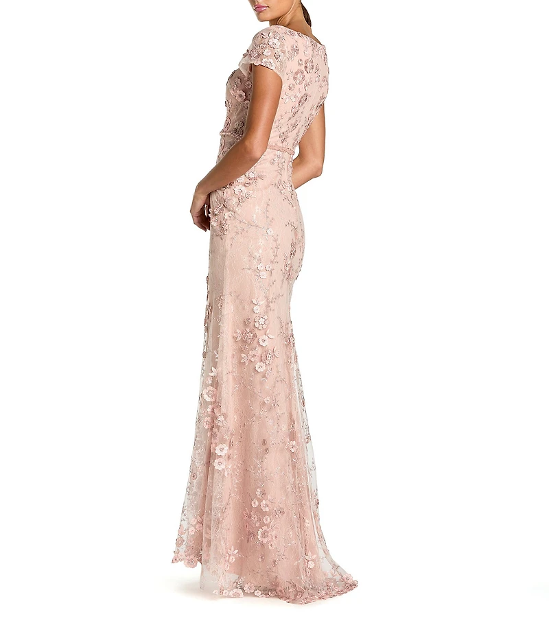 Mac Duggal Floral Mesh Appliqued Cap Sleeve Trumpet Long Gown