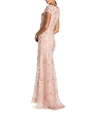 Mac Duggal Floral Mesh Appliqued Cap Sleeve Trumpet Long Gown