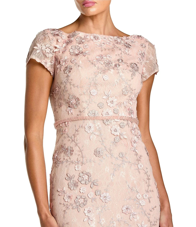 Mac Duggal Floral Mesh Appliqued Cap Sleeve Trumpet Long Gown