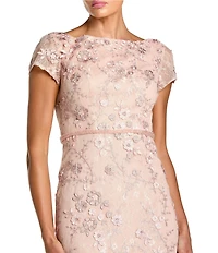 Mac Duggal Floral Mesh Appliqued Cap Sleeve Trumpet Long Gown