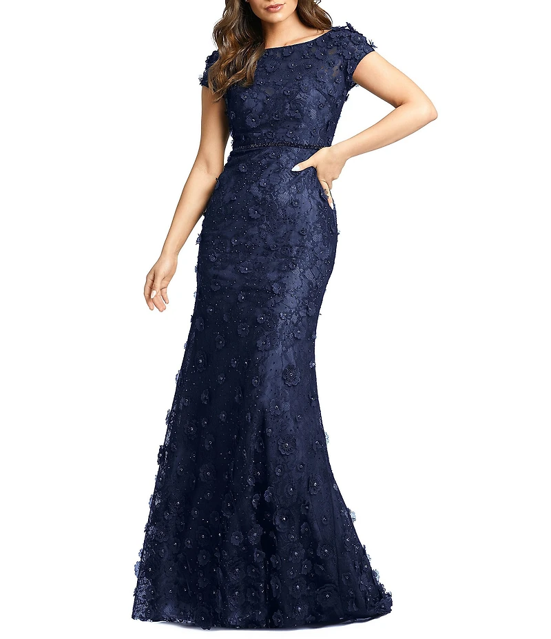 Mac Duggal Floral Mesh Appliqued Cap Sleeve Trumpet Long Gown