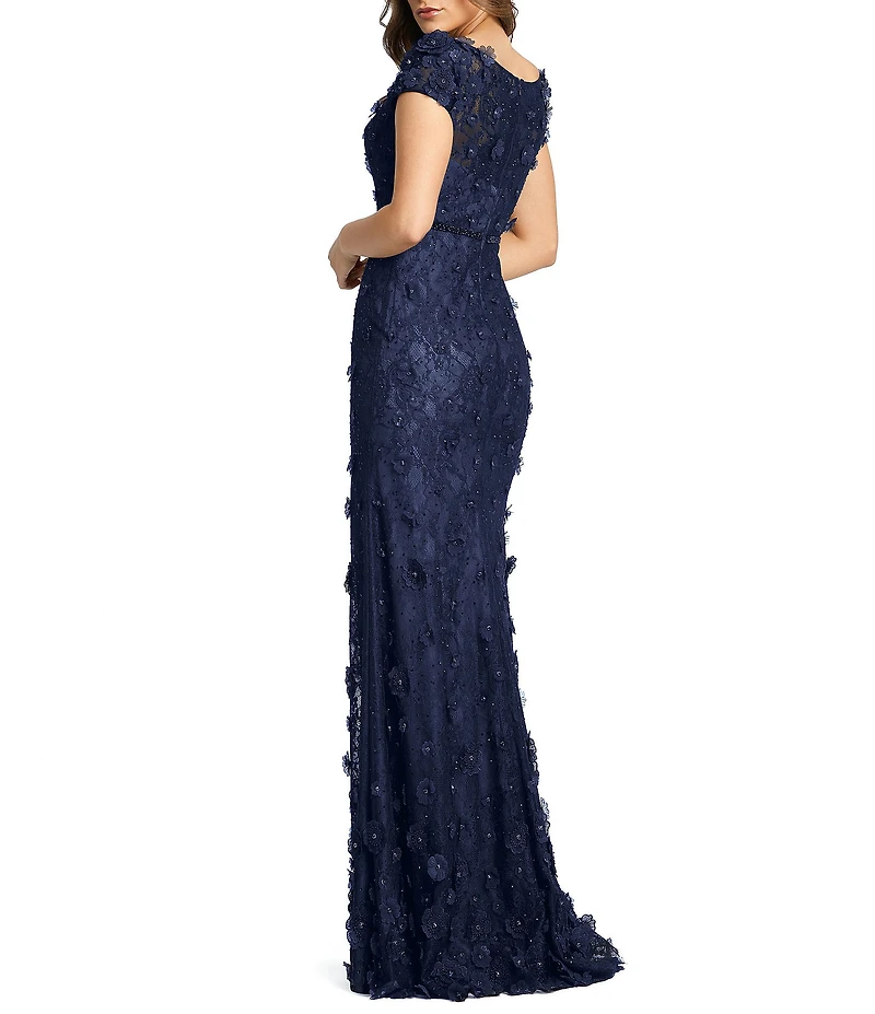 Mac Duggal Floral Mesh Appliqued Cap Sleeve Trumpet Long Gown