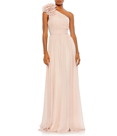 Mac Duggal Asymmetrical One Ruffle Shoulder Sleeveless A-Line Gown