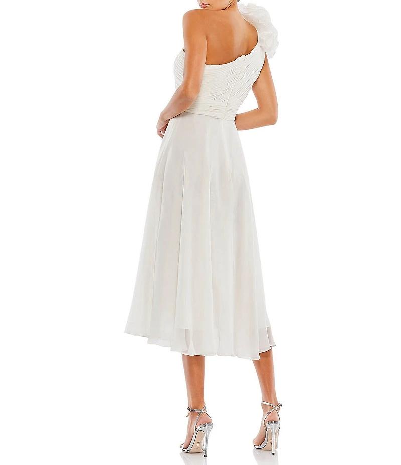 Mac Duggal Asymmetrical One Shoulder Sleeveless Ruffle Midi Dress