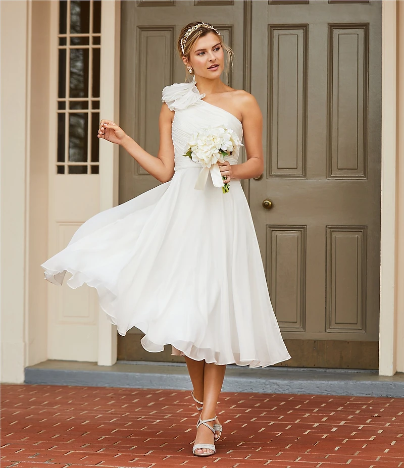 Mac Duggal Asymmetrical One Shoulder Sleeveless Ruffle Midi Dress