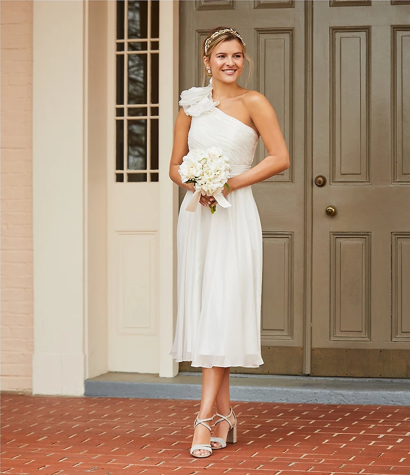 Mac Duggal Asymmetrical One Shoulder Sleeveless Ruffle Midi Dress