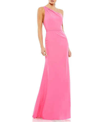 Mac Duggal Asymmetrical Ruched One Shoulder Sleeveless Open Back Detail Trumpet Sheath Gown