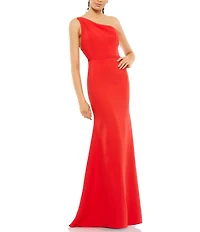 Mac Duggal Asymmetrical Ruched One Shoulder Sleeveless Open Back Detail Trumpet Sheath Gown