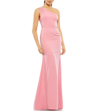 Mac Duggal Asymmetrical Ruched One Shoulder Sleeveless Open Back Detail Trumpet Sheath Gown