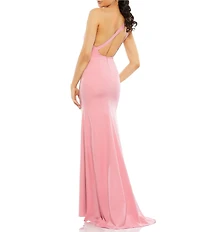Mac Duggal Asymmetrical Ruched One Shoulder Sleeveless Open Back Detail Trumpet Sheath Gown