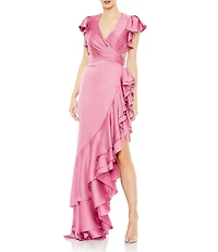 Mac Duggal Asymmetrical Layered Ruffle Hem Surplice V-Neck Cap Sleeve Cut Out Side Open Back Gown