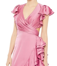Mac Duggal Asymmetrical Layered Ruffle Hem Surplice V-Neck Cap Sleeve Cut Out Side Open Back Gown