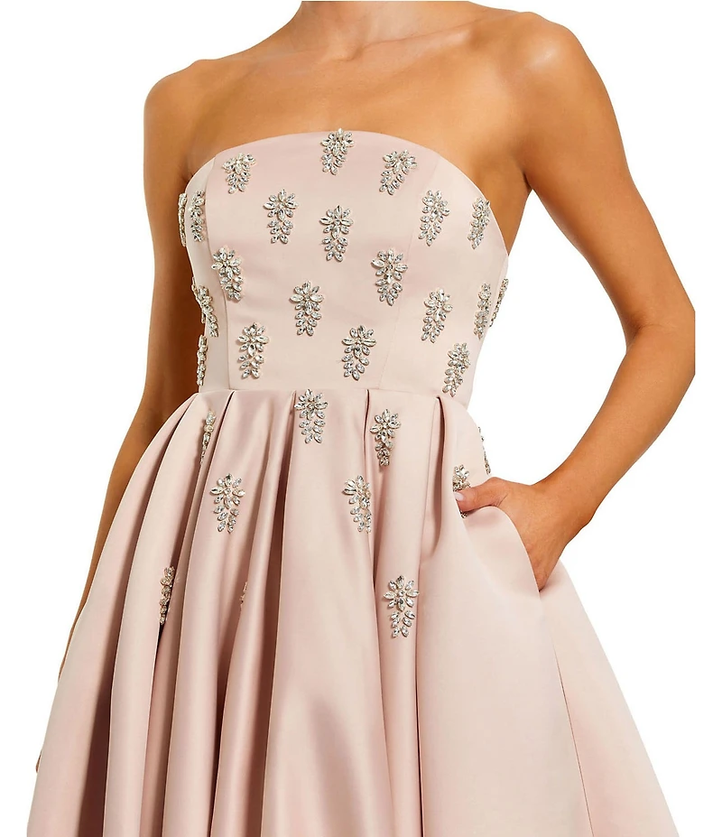 Mac Duggal Bead Bodice Satin Strapless Ankle Dress